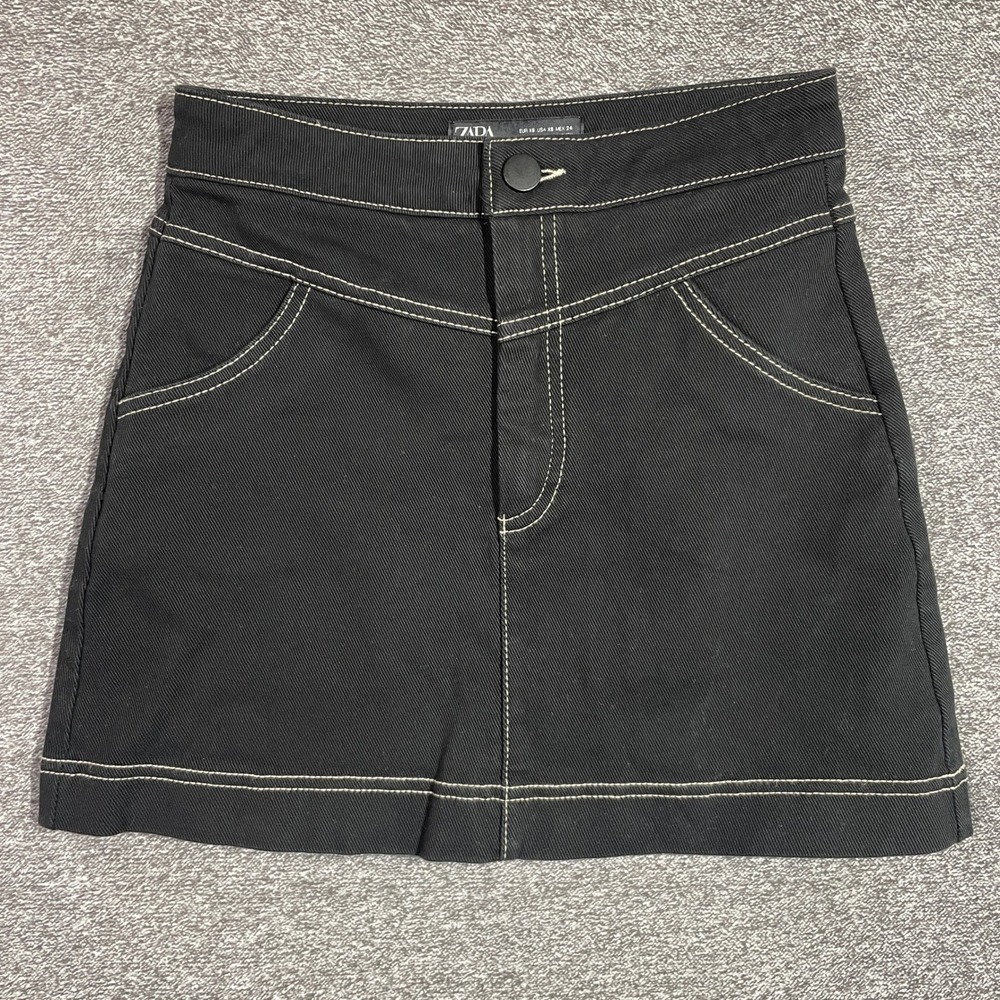 Zara Black Denim Contrast Stitch Mini Skirt High Waisted XS